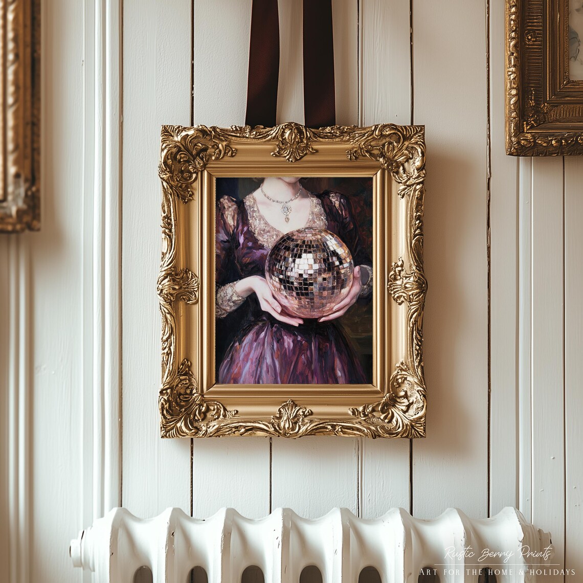 Burgundy Velvet Gown Lady Holding Glittering Disco Ball Painting Print - Image 2