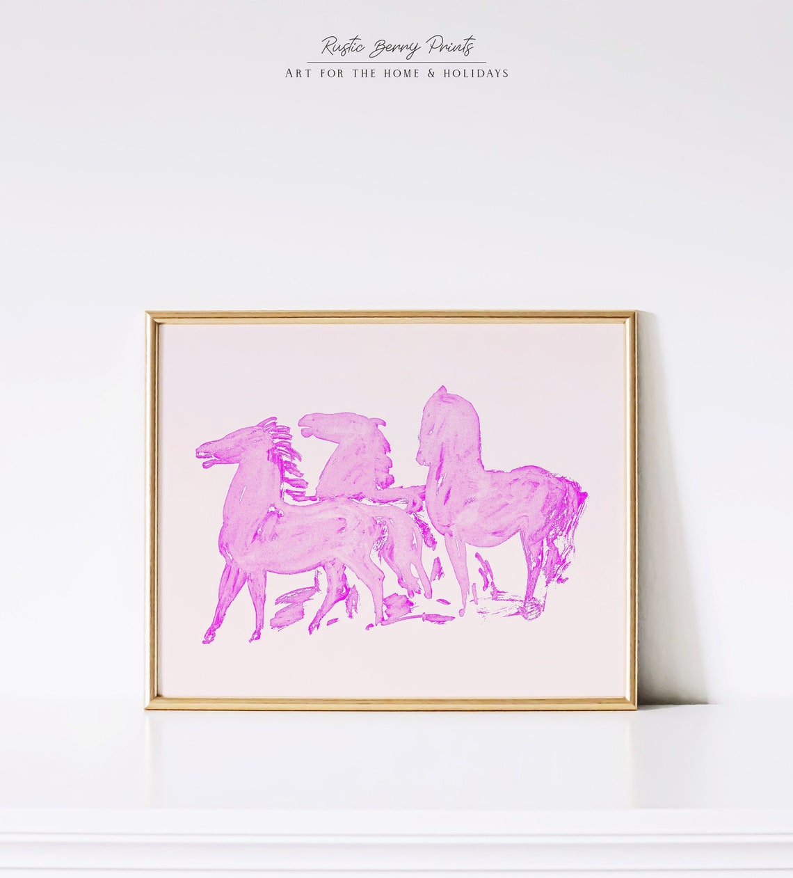 Three Pink Horses On Blush Background Playful Equestrian Wall Art