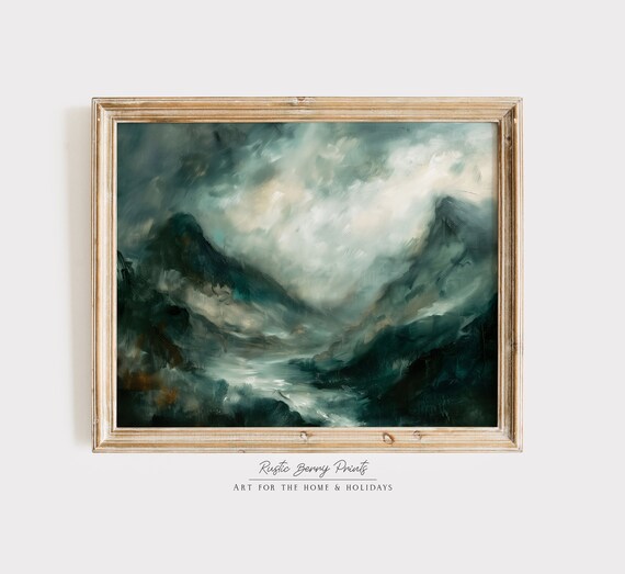 Moody Mountains Oil Painting Wall Art Dark Cottagecore Academia Mountain Landscape Vintage Print
