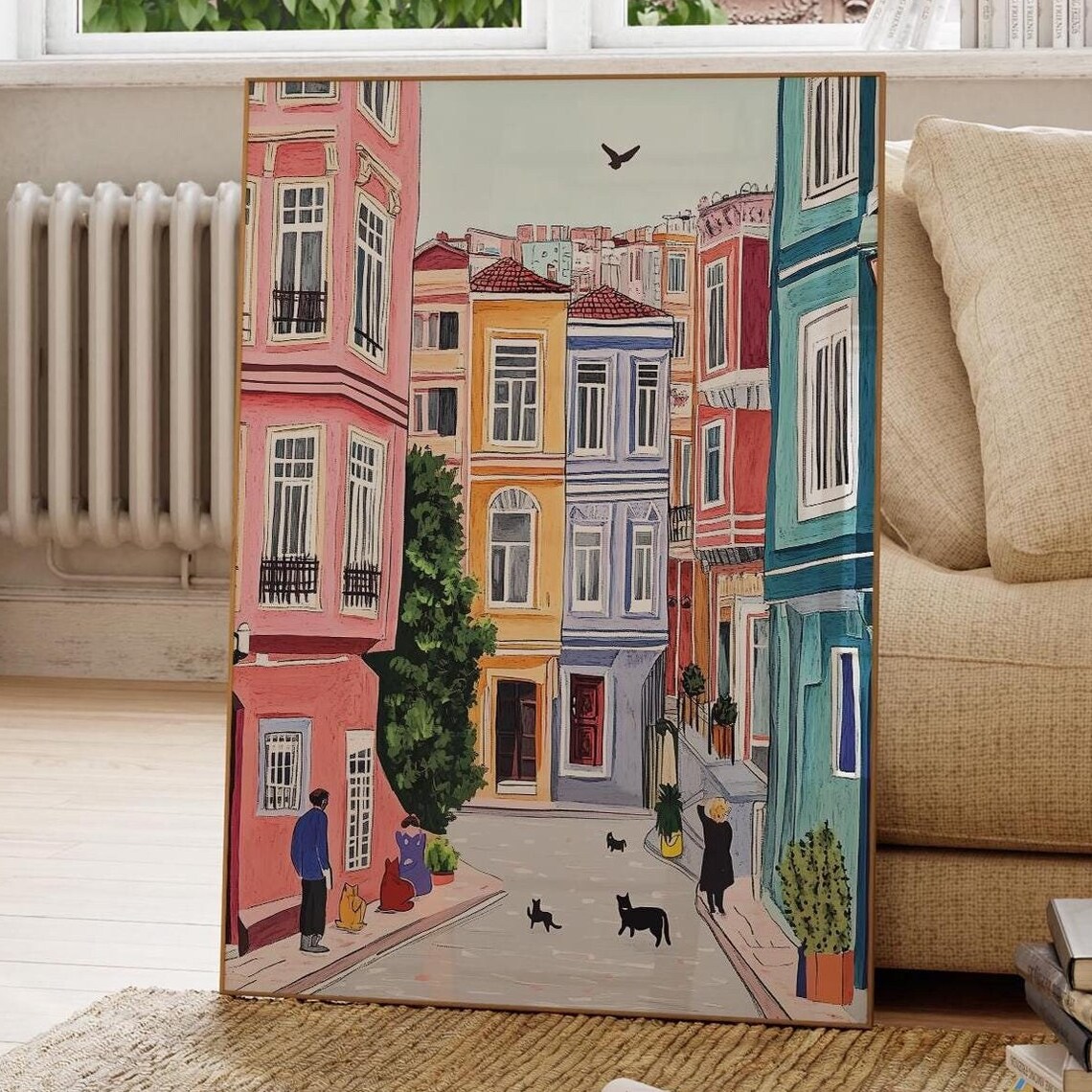 Istanbul Colorful Old Town Street Cats Watercolor Turkey Poster