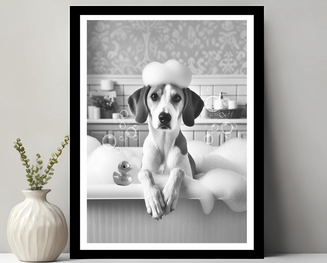 English Foxhound Wall Art Funny Bathroom Decor Pet Portrait Dog Gift In Bubble Bath