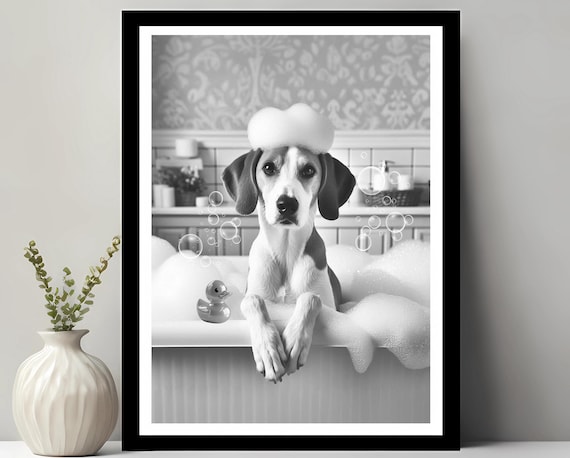 English Foxhound Wall Art Funny Bathroom Decor Pet Portrait Dog Gift In Bubble Bath