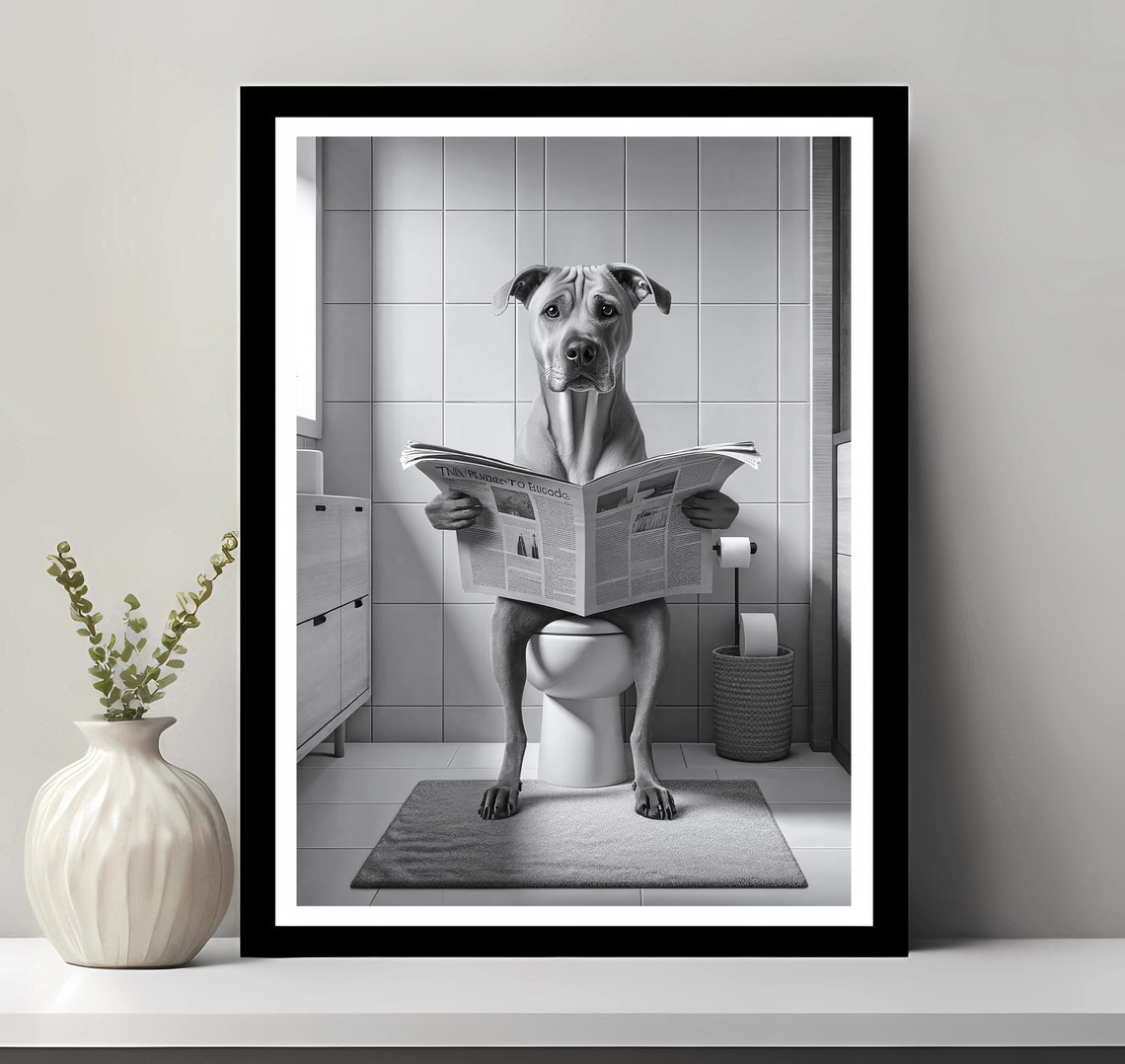 Pit Bull Dog Reading Newspaper on Toilet Funny Bathroom Poster