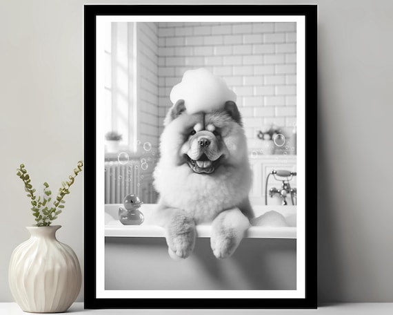Chow Wall Art Funny Bathroom Decor Pet Portrait Petshop Dog Gift In Bubble Bath