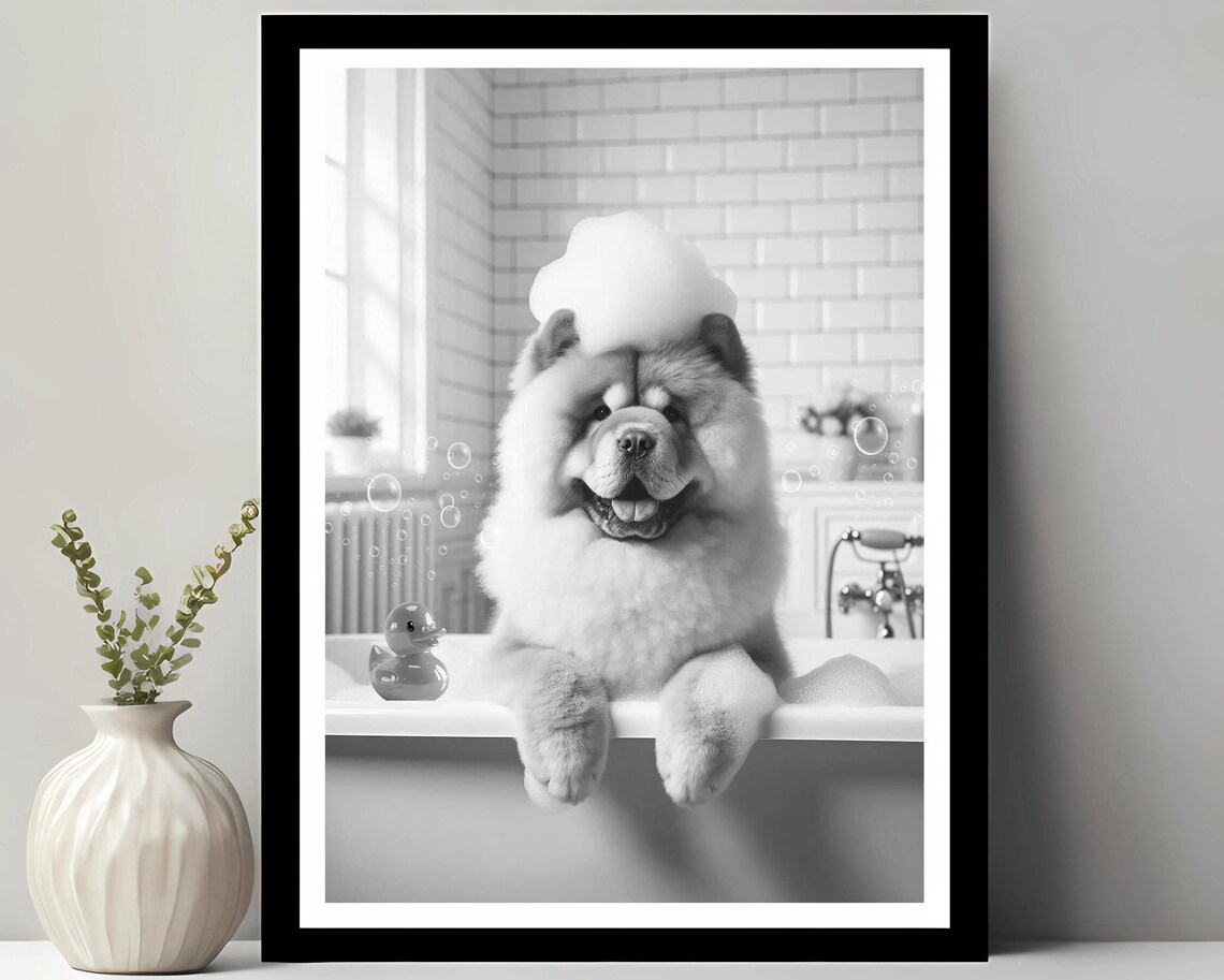 Chow Wall Art Funny Bathroom Decor Pet Portrait Petshop Dog Gift In Bubble Bath