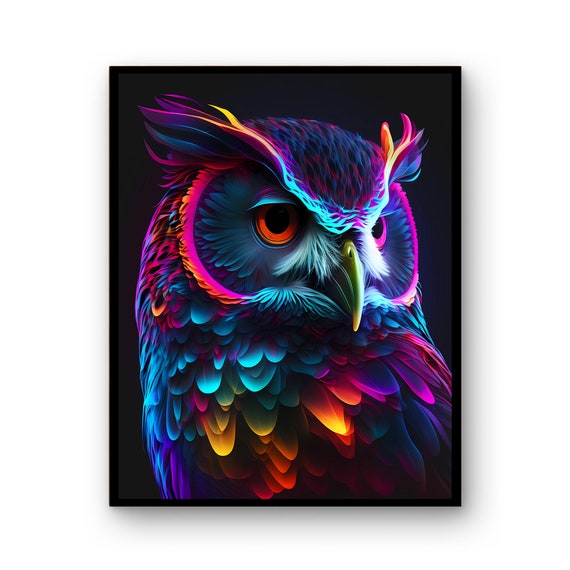Colourful Owl Wall Art Kids Neon Poster Decor Nursery Gift Wildlife