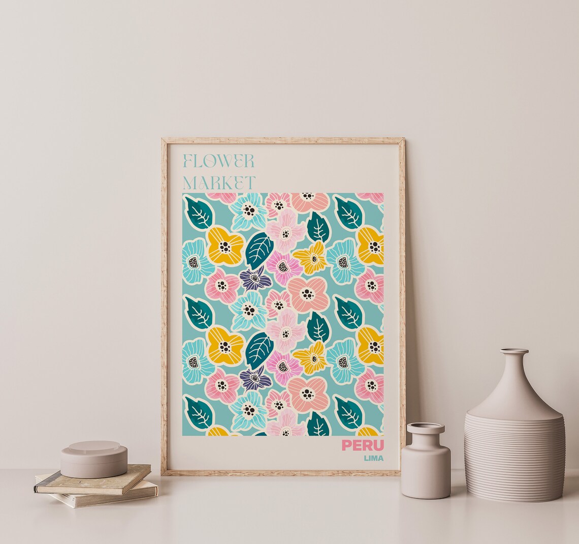Peru Lima Cheerful Folk Art Teal Flower Market Pattern Poster - Image 3