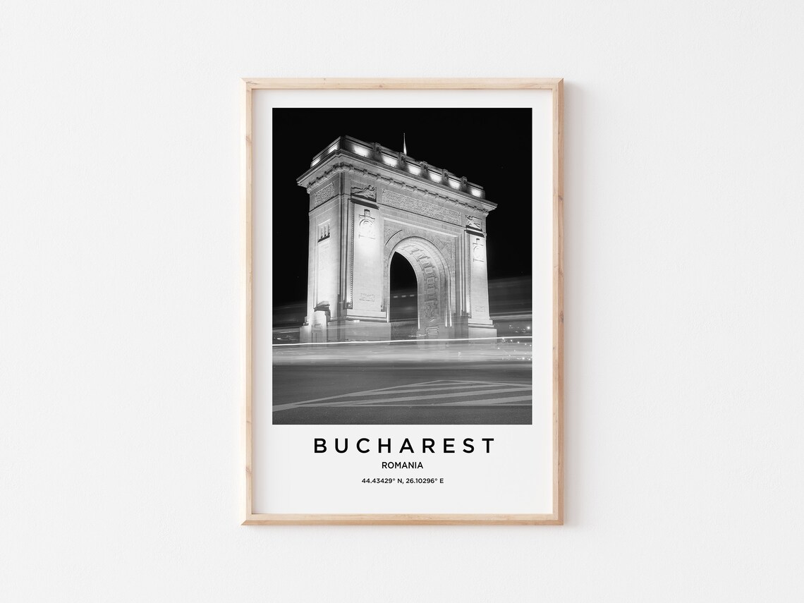 Bucharest Romania Triumphal Arch Night Black White Photo Poster - Image 2
