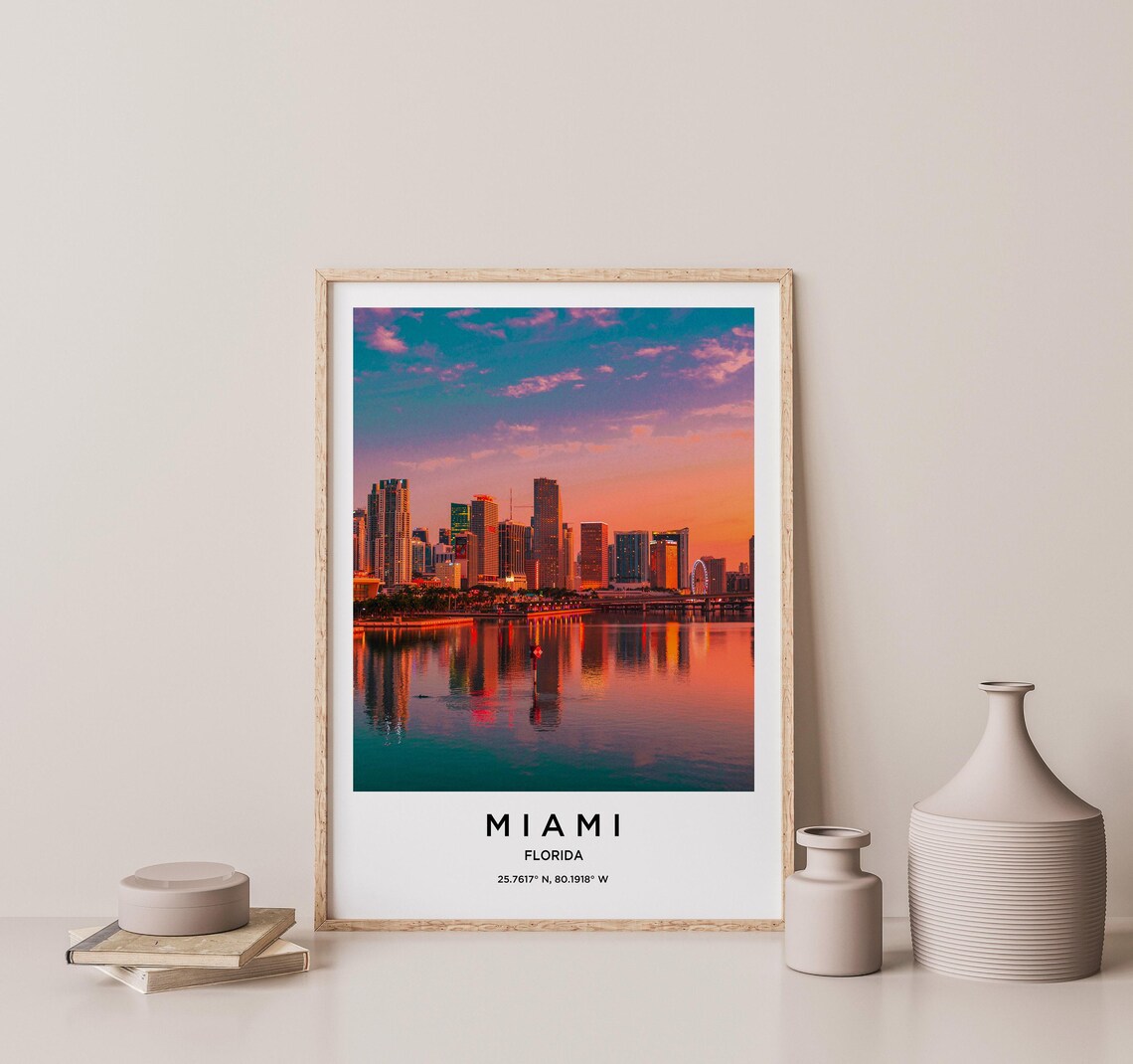 Miami Florida Sunrise Skyline Reflection Over the Water Poster - Image 2