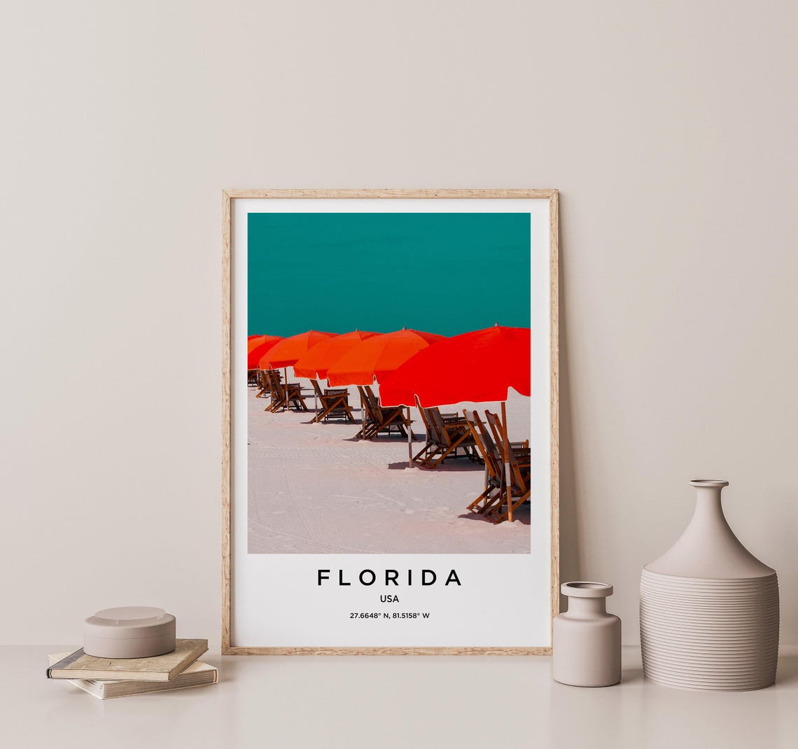 Florida USA Bright Red Beach Umbrellas Lined on White Sand Poster - Image 2