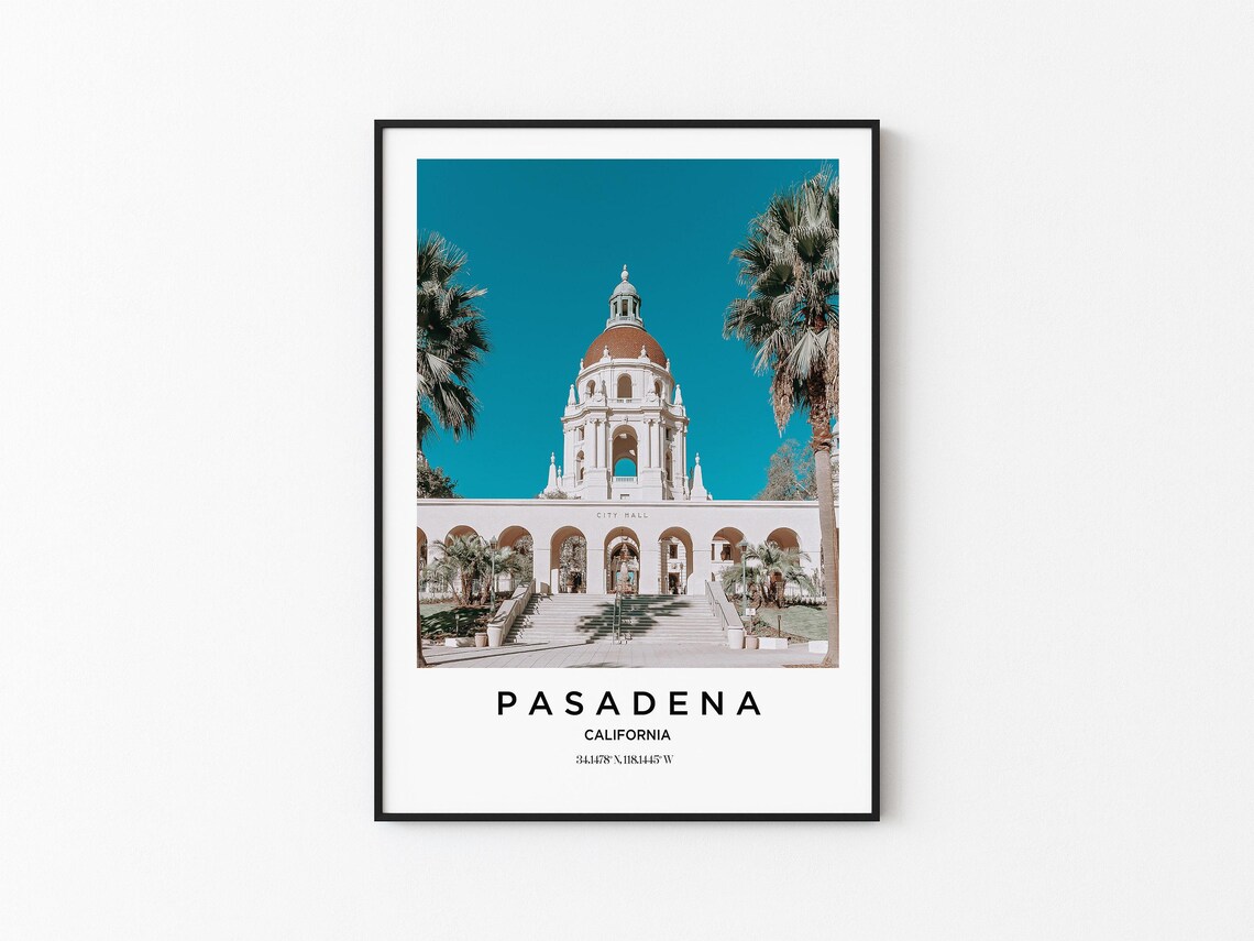 Pasadena California Historic City Hall Dome Palm Trees Travel Poster