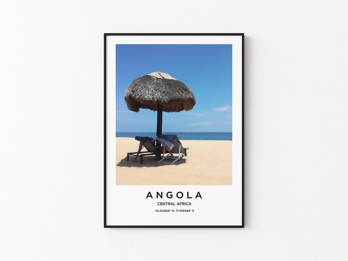 Angola Central Africa Beach Thatched Palm Umbrella Travel Poster