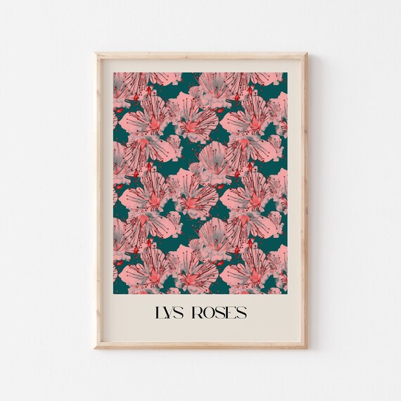 Lys Roses Pink Hibiscus Pattern Vintage Botanical Exhibition Print