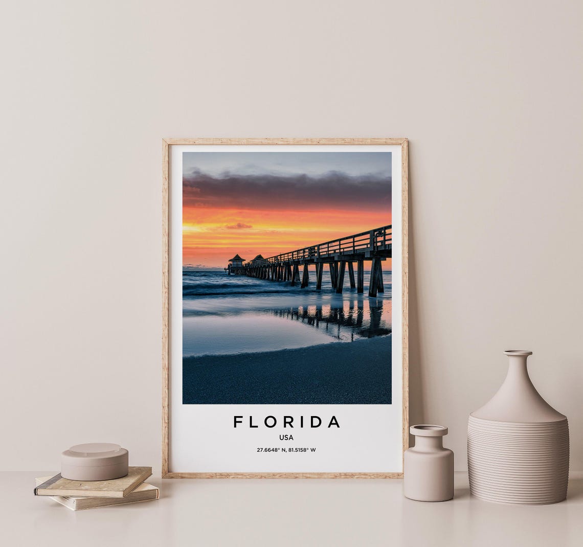 Florida Fishing Pier at Sunset Ocean Reflection Coastal Scene Poster - Image 2
