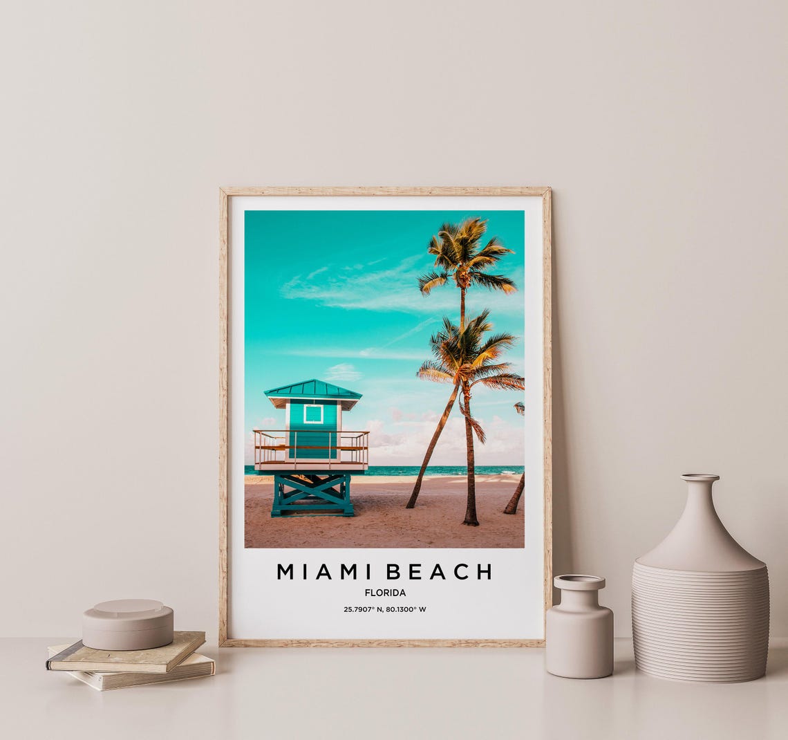 Miami Beach Teal Lifeguard Tower Palm Trees Beach Photo Poster - Image 2