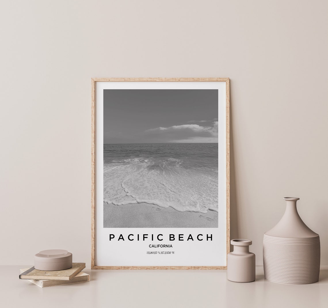 Pacific Beach California Shoreline Waves Black White Photo Poster - Image 3