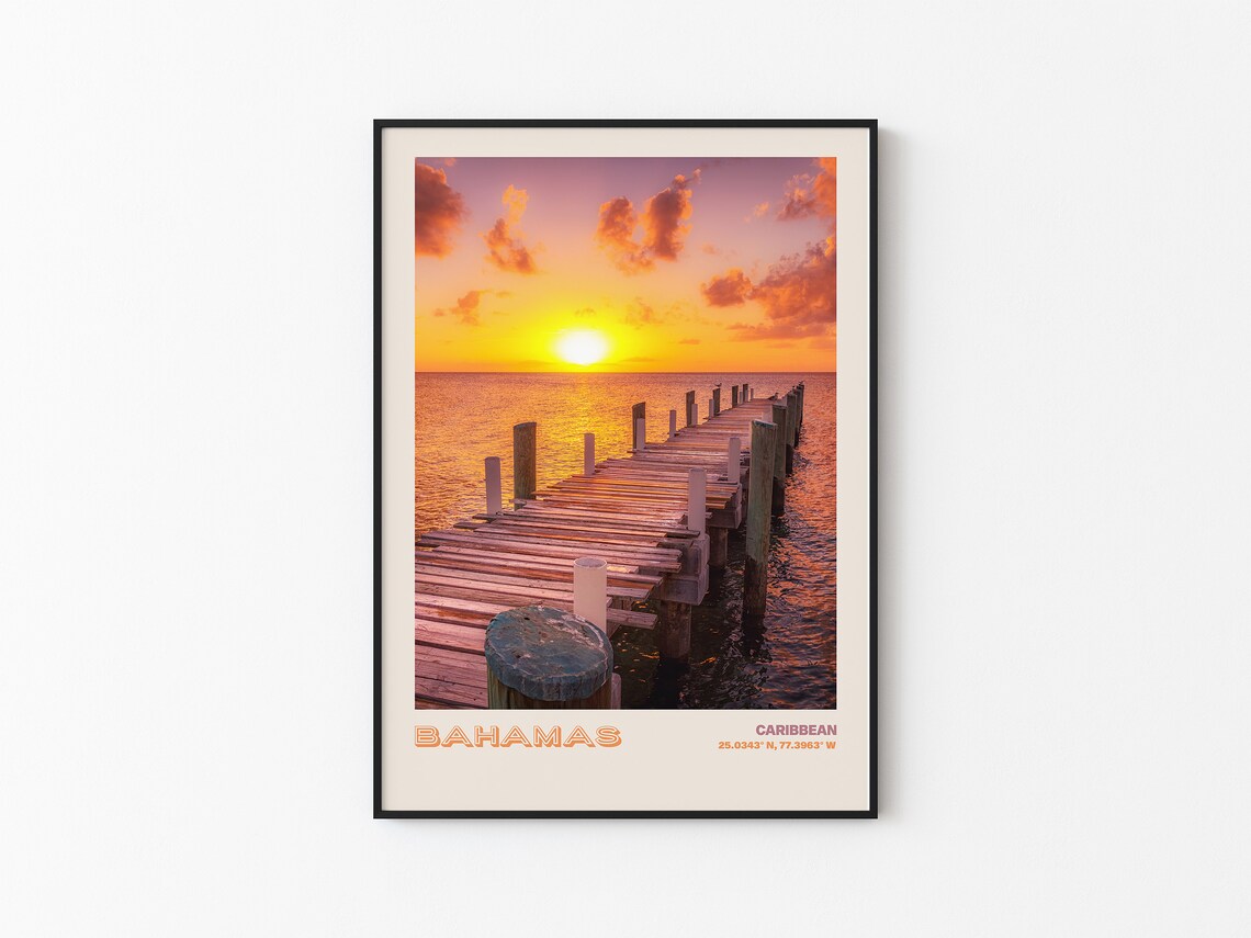 Bahamas Caribbean Sunset Over Long Wooden Pier Golden Sky Poster - Image 3