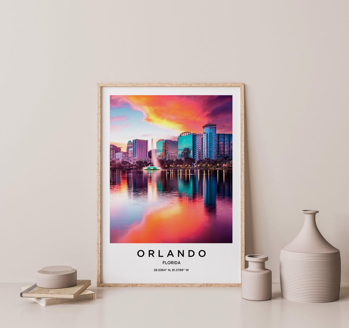 Orlando Florida Lakeside Sunset Skyline Reflection Travel Poster - Image 2