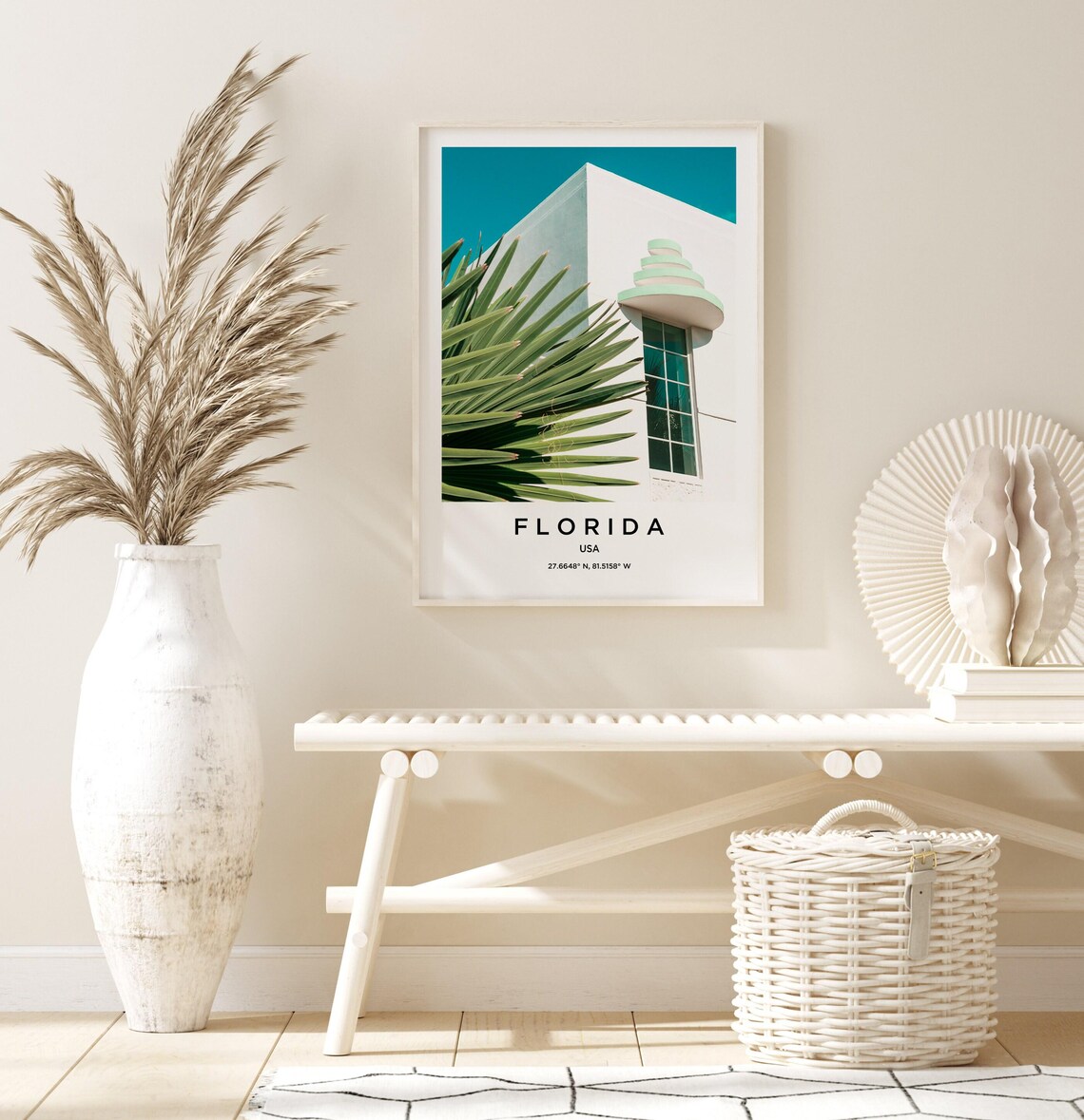 Florida USA White Art Deco Building With Palm Fronds Detail Poster - Image 3