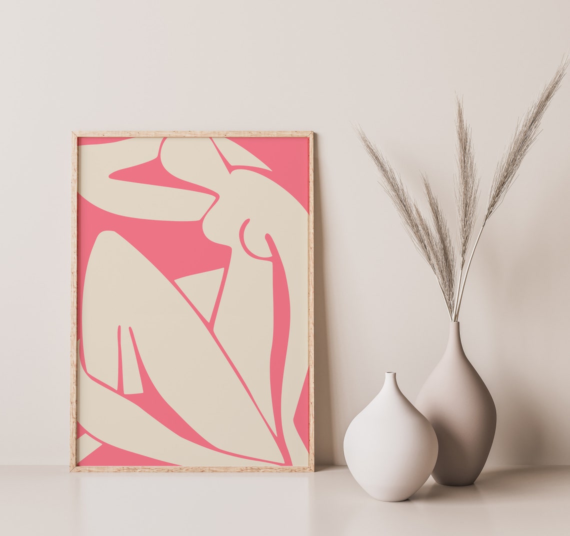 Matisse Inspired Bold Pink Cream Abstract Figure Modern Wall Art