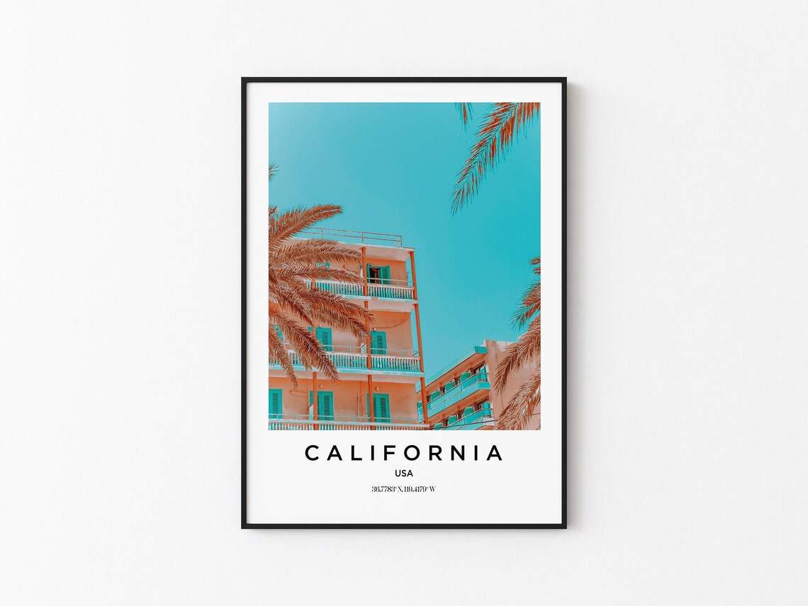 California Pastel Apartment Balconies Palms Teal Sky Travel Poster