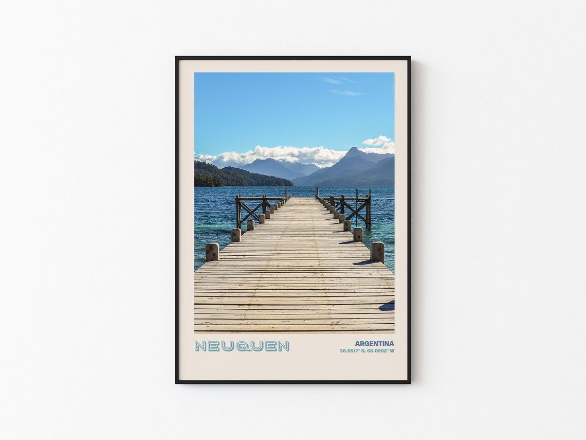 Neuquen Argentina Long Wooden Pier Lake Mountain Vista Poster - Image 3