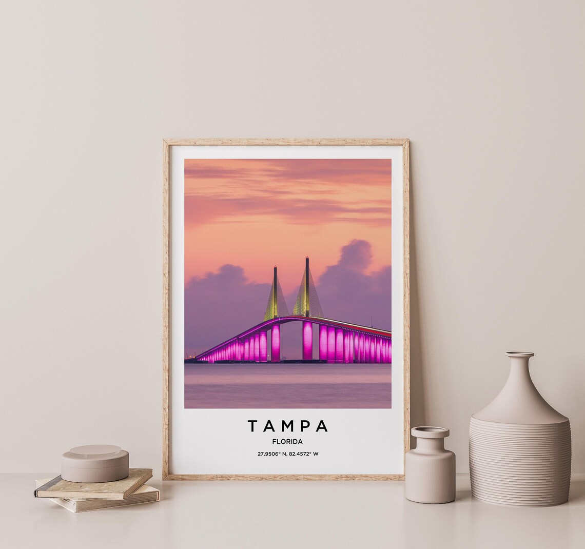 Tampa Florida Sunshine Skyway Bridge Pink Dusk Sky Photo Poster - Image 2