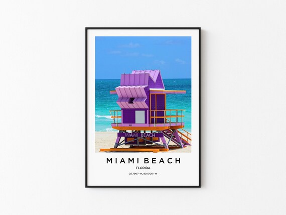 Miami Beach Purple Lifeguard Tower Over Turquoise Ocean Poster