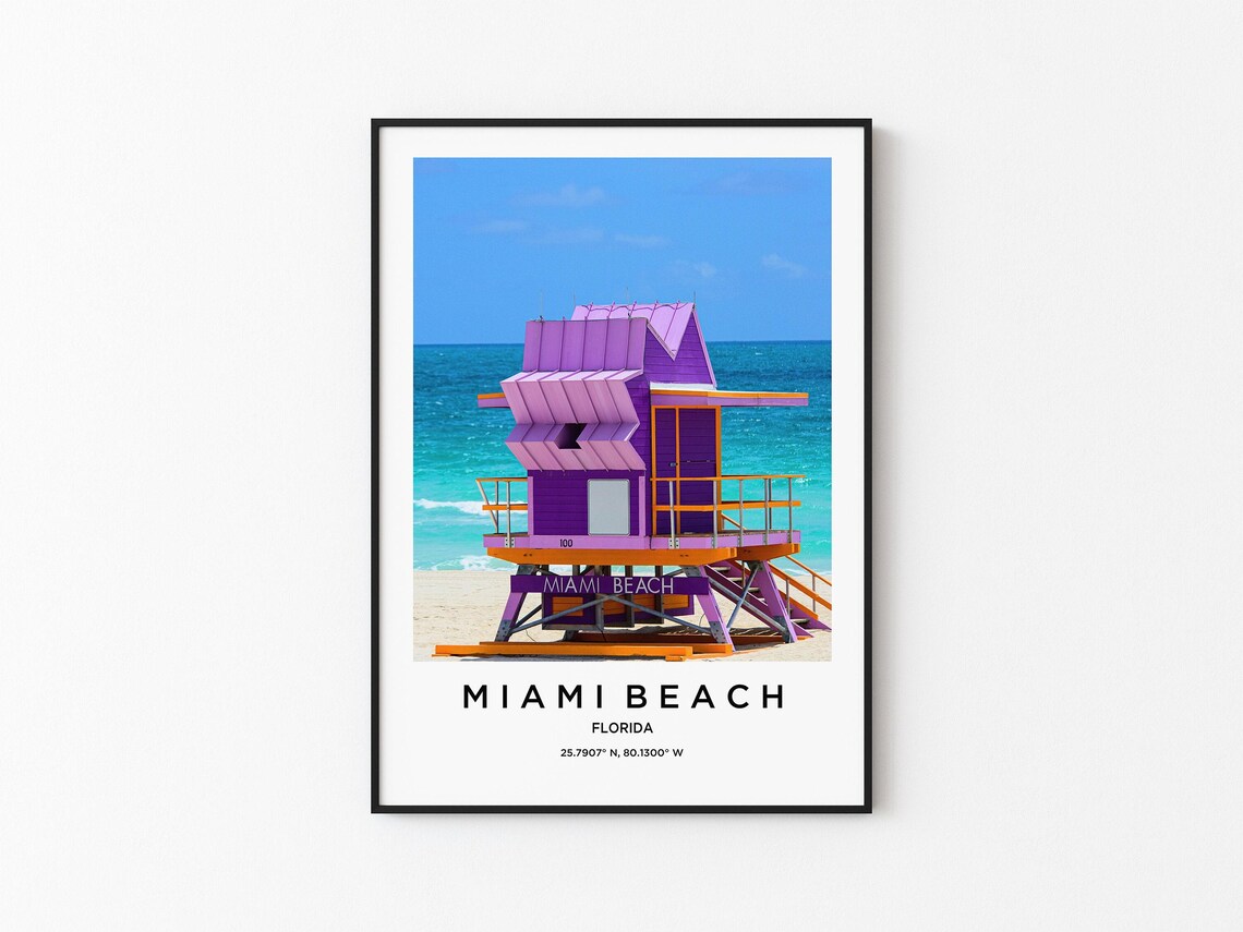 Miami Beach Purple Lifeguard Tower Over Turquoise Ocean Poster
