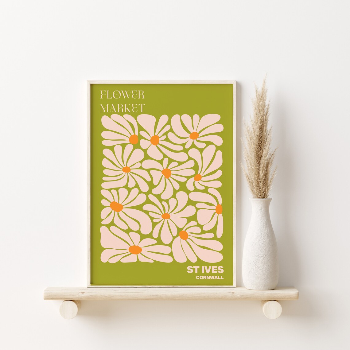 St Ives Cornwall Flower Market Cream Daisy Olive Green Poster - Image 3