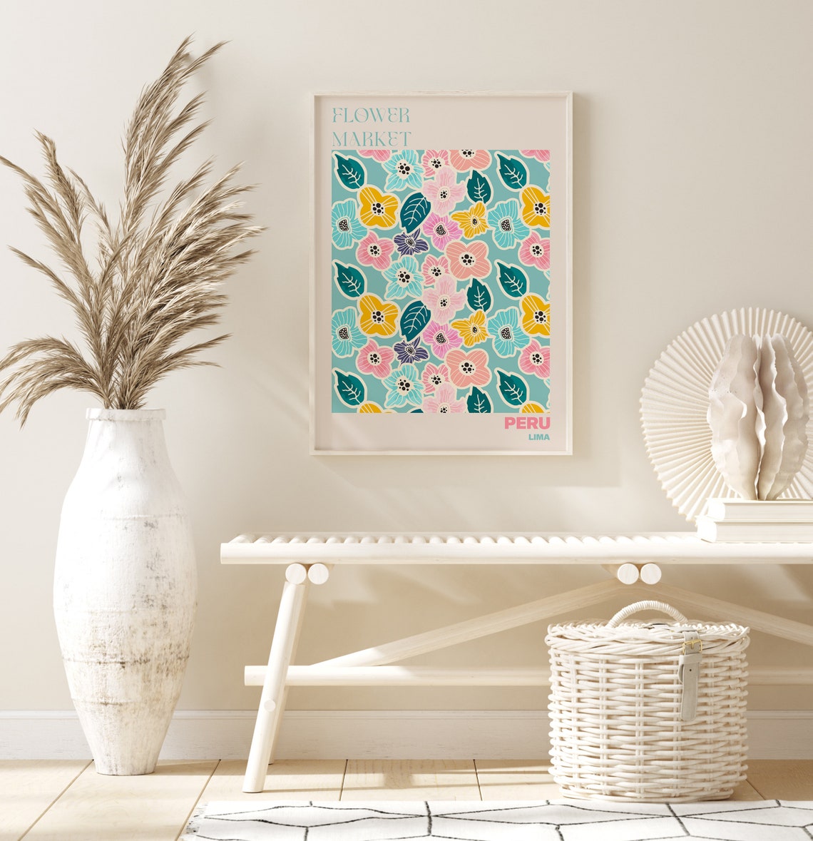 Peru Lima Cheerful Folk Art Teal Flower Market Pattern Poster - Image 2