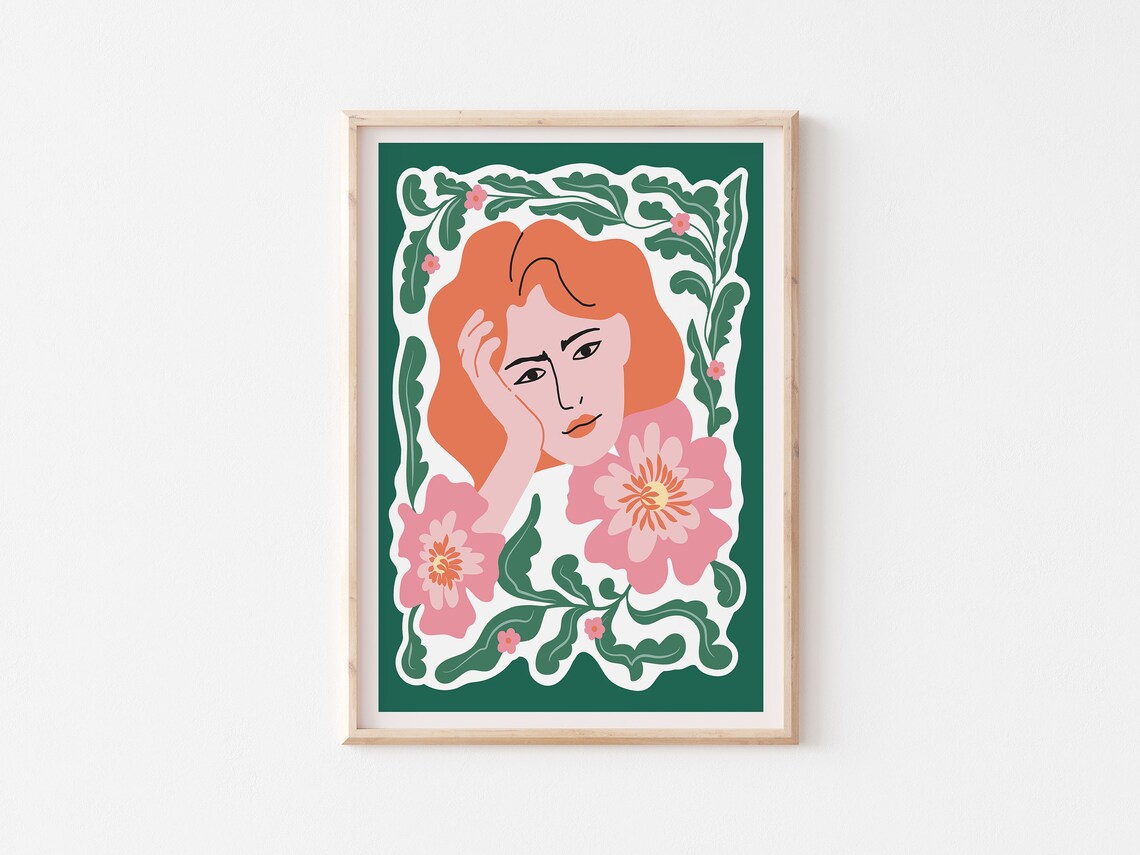 Art Nouveau Red Haired Woman Pink Flowers Green Portrait Poster - Image 3