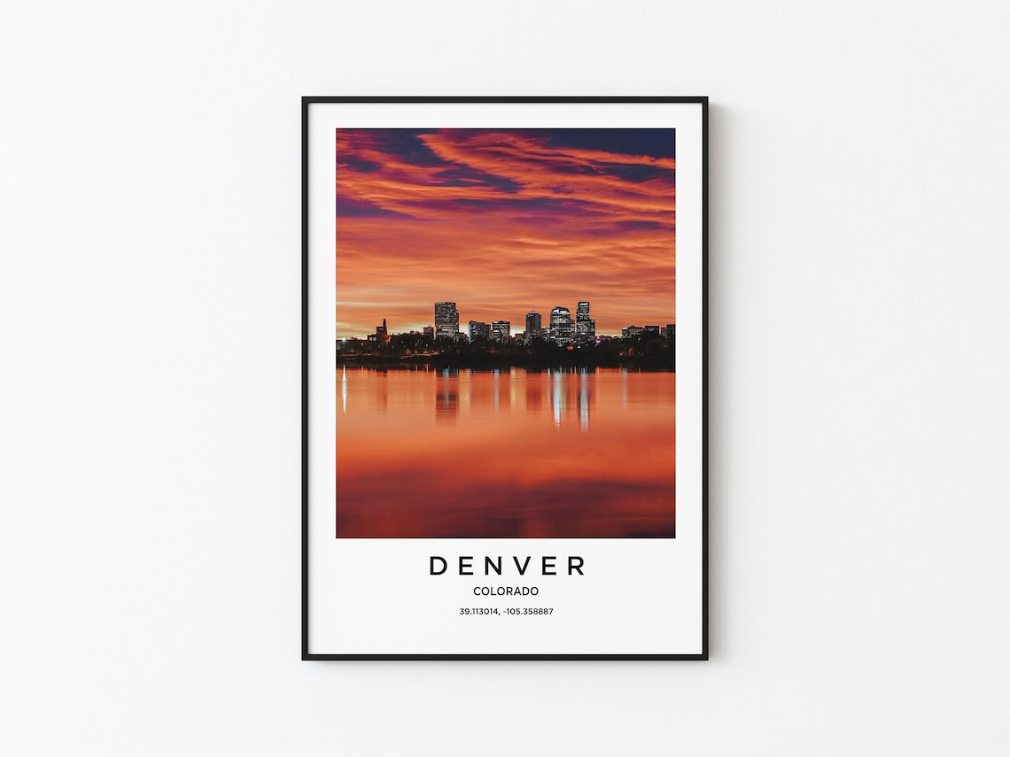 Denver Colorado Fiery Sunset Skyline Water Reflection Photo Poster