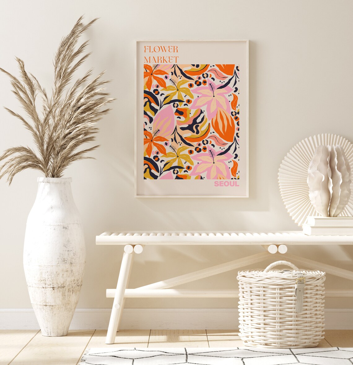Seoul Flower Market Poster Bold Orange Pink Tropical Artwork - Image 2