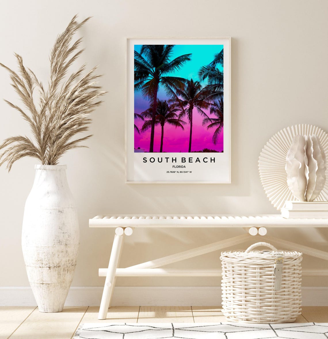 South Beach Florida Palm Silhouettes Pink Sunset Miami Beach Poster - Image 3