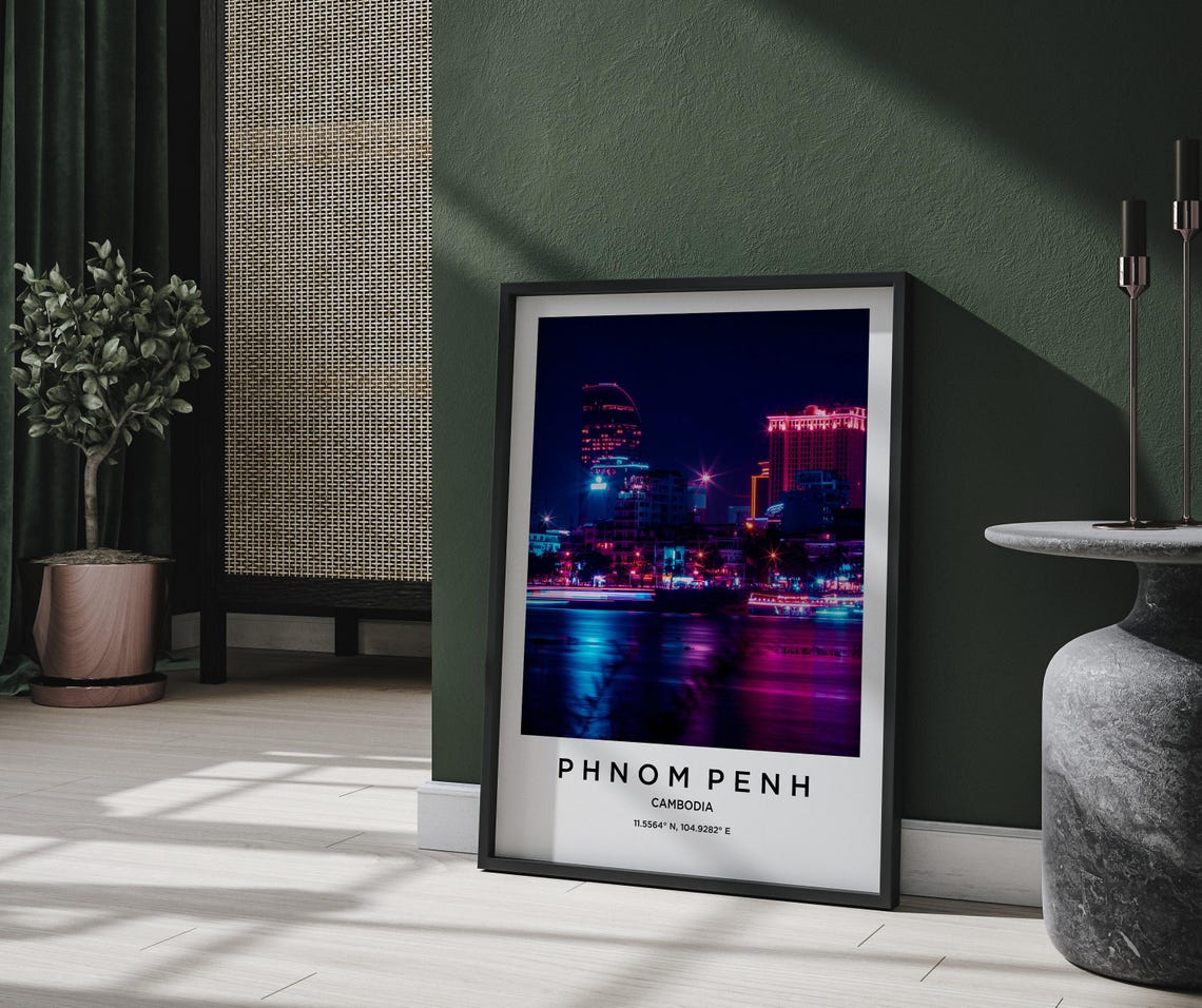Phnom Penh Cambodia Neon City Skyline Night River Lights Poster - Image 2