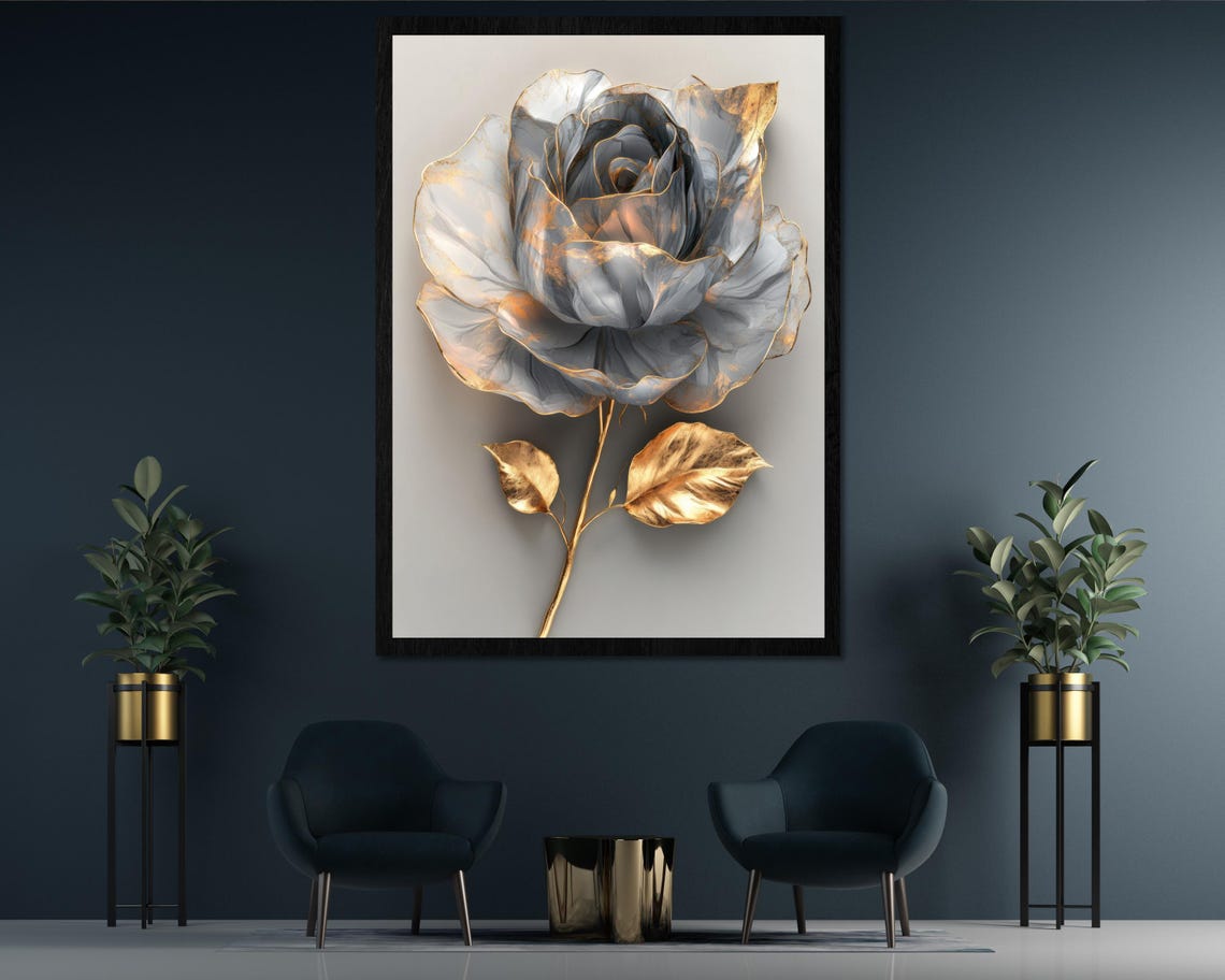 Luxury Grey Rose With Golden Petals Single Stem Marble Art Poster