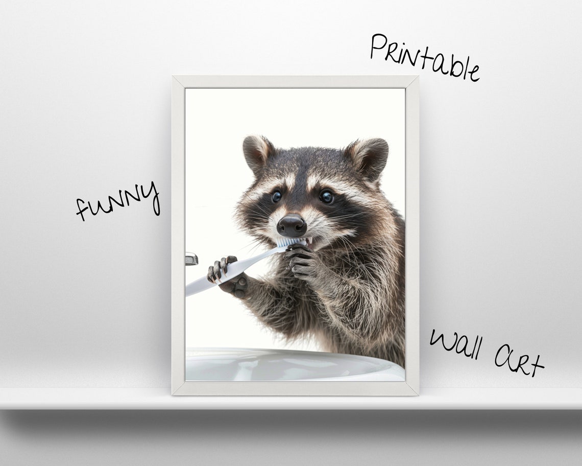Funny Raccoon Brushing Teeth Wall Art L Fun Animal Design Bathroom Decoration Paper Room Decor Frame Print