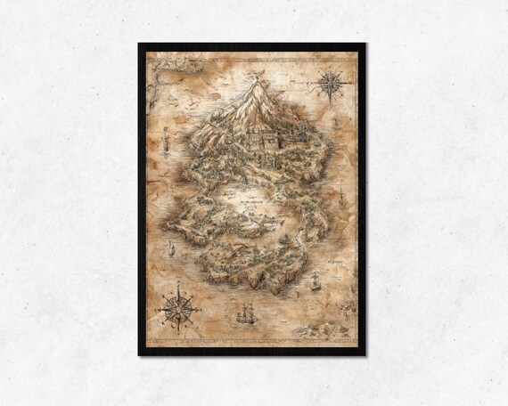 Vintage Pirate Map Island With Mountain Castle Compass Roses Poster