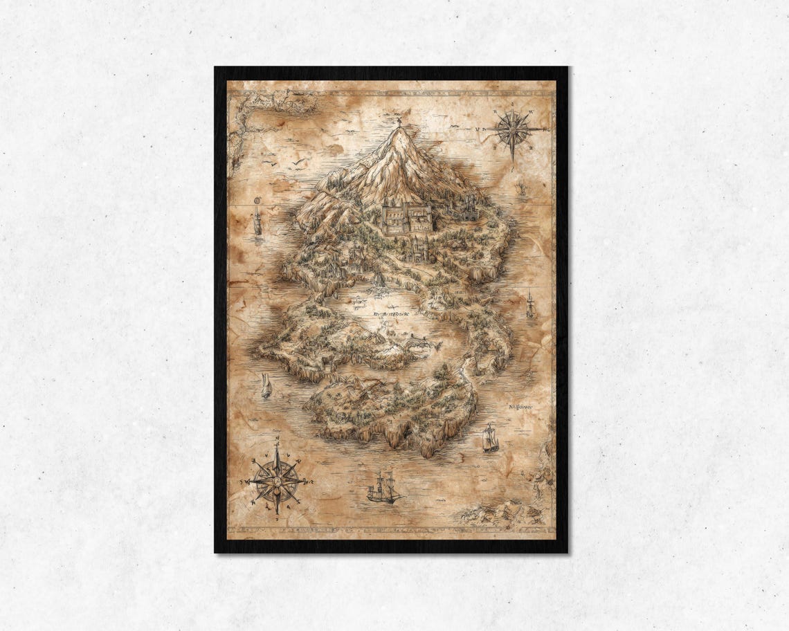 Vintage Pirate Map Island With Mountain Castle Compass Roses Poster