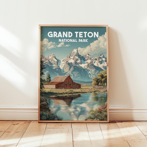 Grand Teton National Park Wyoming Barn Mountain Vintage Travel Poster