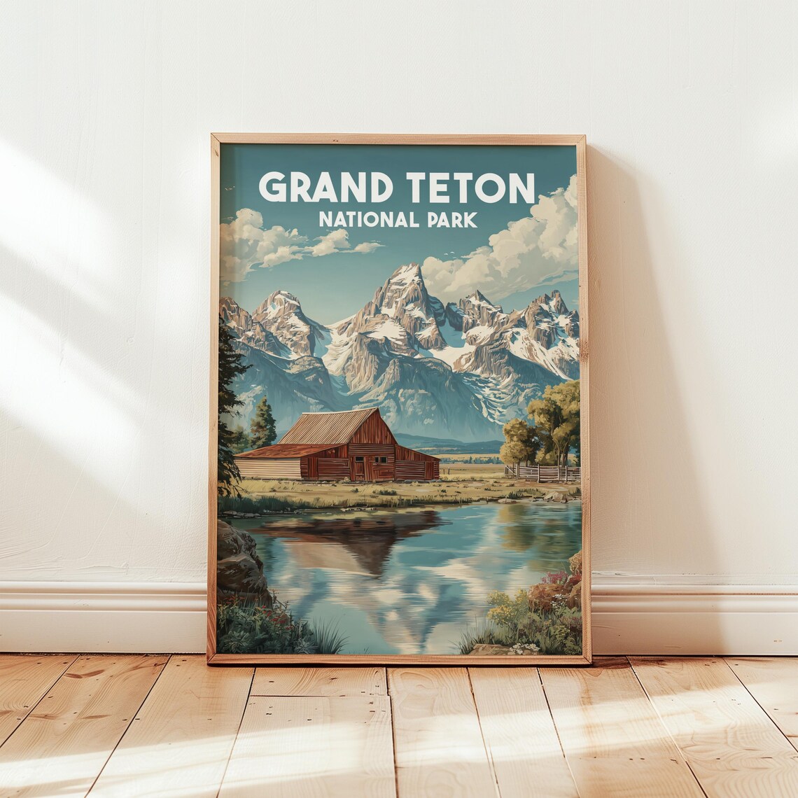 Grand Teton National Park Wyoming Barn Mountain Vintage Travel Poster