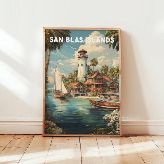 San Blas Islands Wall Art Panama Travel Poster Tropical Beach Print Coastal Decor Illustrated Caribbean Artwork
