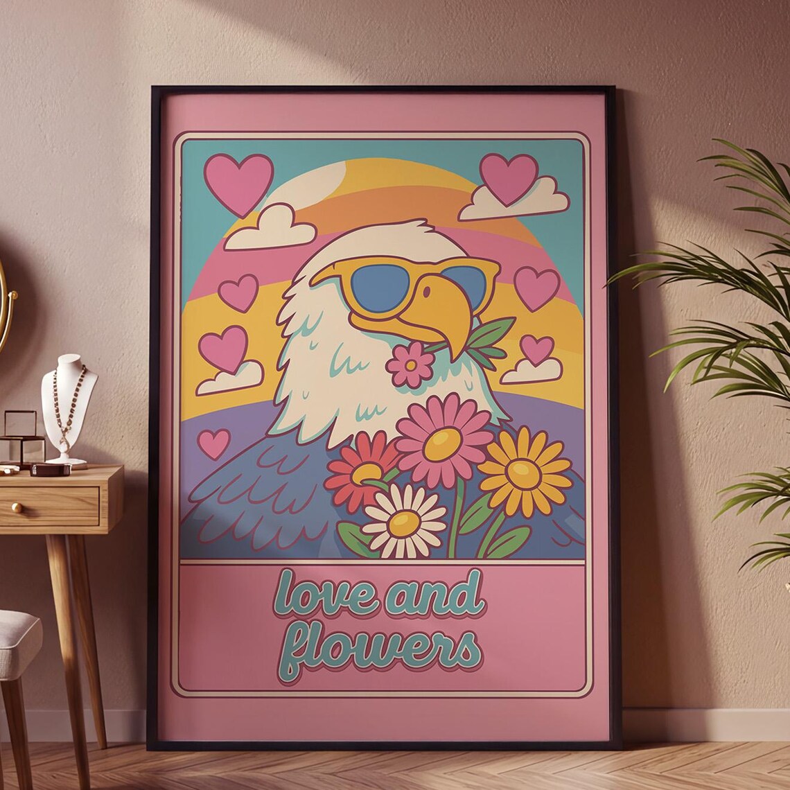Retro Eagle with Sunglasses Love and Flowers Groovy Pink Art Poster