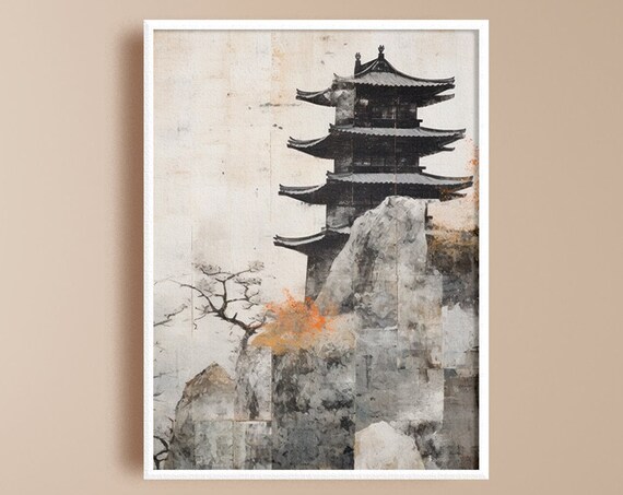 Ancient Japanese Gray Pagoda on Cliffside Sumi Ink Art Poster