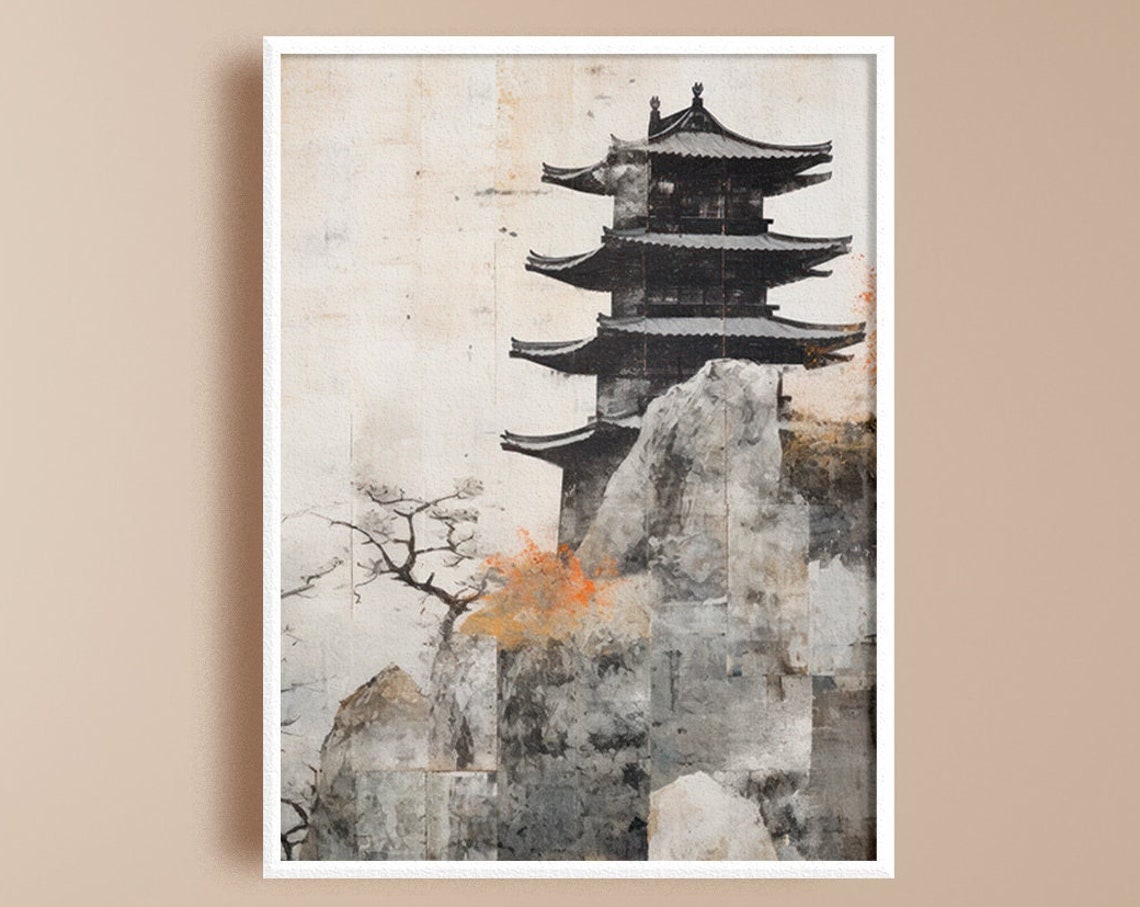 Ancient Japanese Gray Pagoda on Cliffside Sumi Ink Art Poster