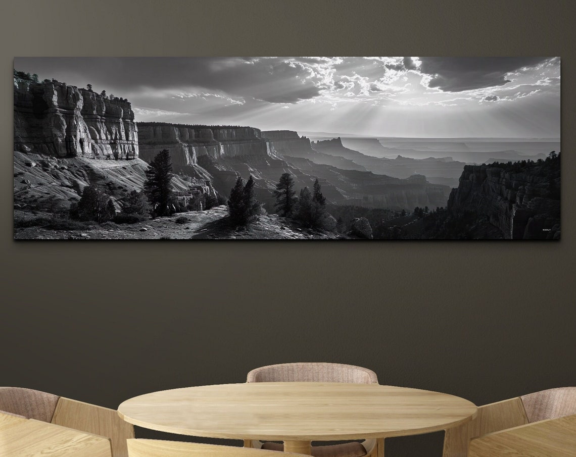 Panoramic Black White Canyon Sun Rays Dramatic Landscape Wall Art