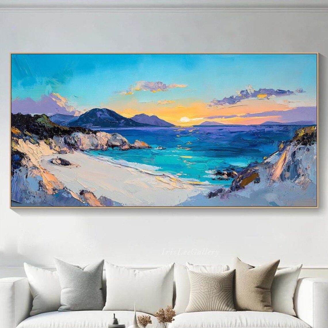 Sunset Seaside Cove Turquoise Ocean Beach Oil Painting Wall Art
