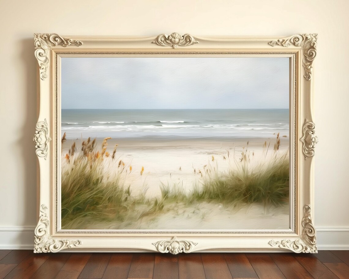 Tranquil Beach Sand Dune Seascape Soft Neutral Oil Painting Print