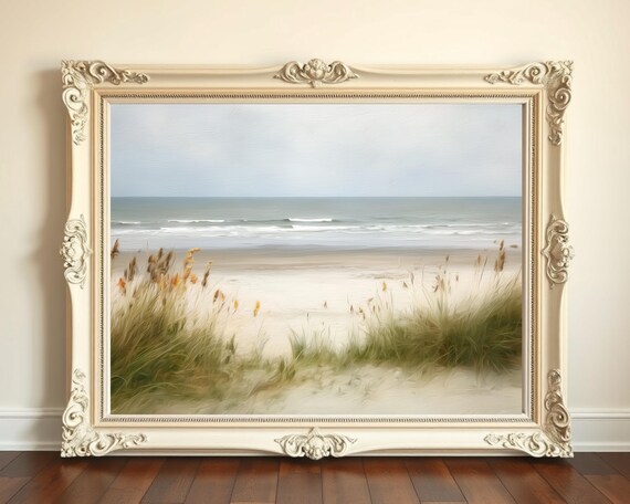Tranquil Beach Sand Dune Seascape Soft Neutral Oil Painting Print